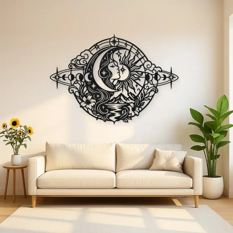 Celestial Crescent Face Metal Wall Art | Minimalist Woman Line Art