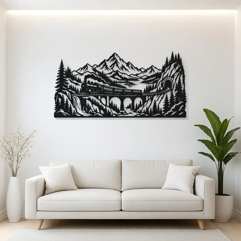 Train through Mountains Metal Wall Art | Travel and City Wall Decor