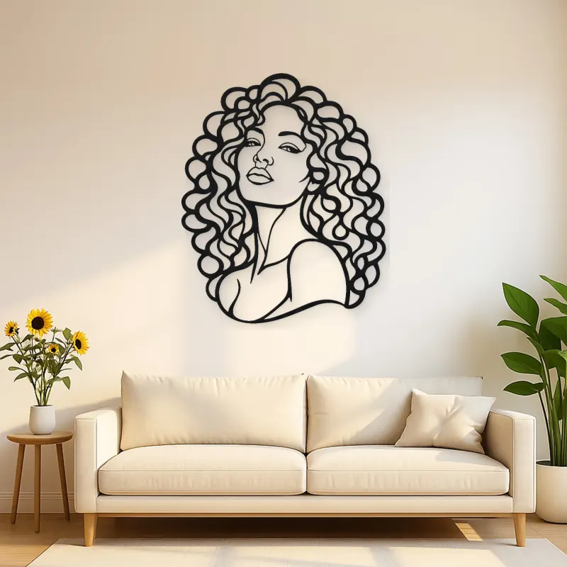 Curly Hair Portrait Metal Wall Art | Minimalist Woman Line Art