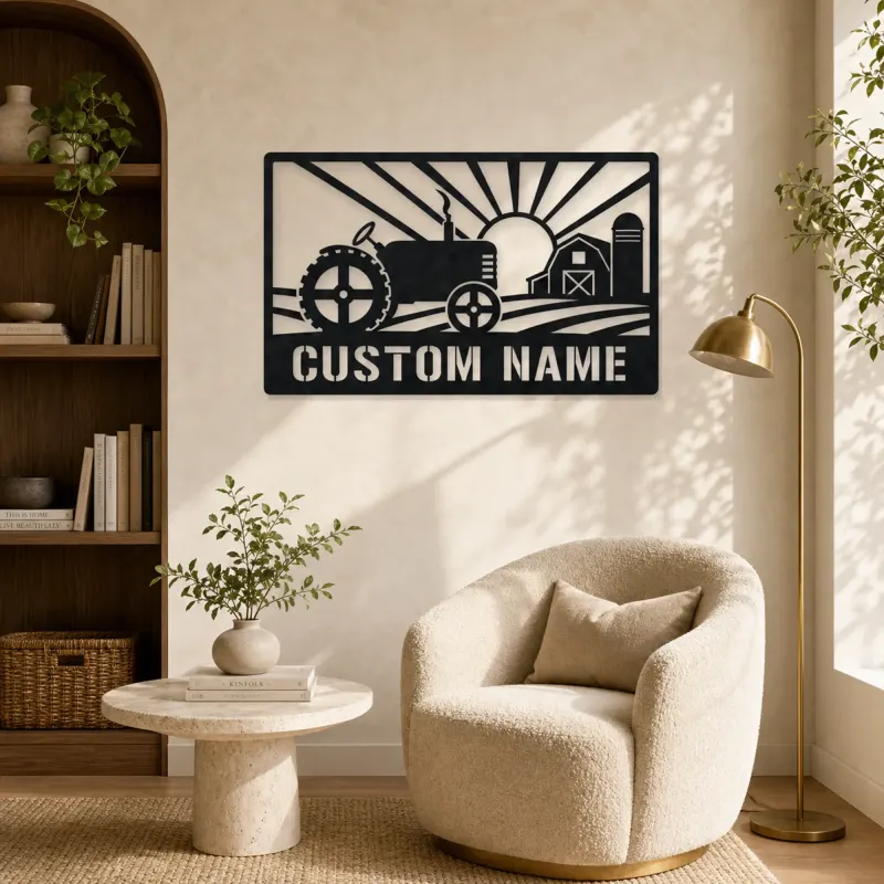 Personalized Farm Tractor Metal Wall Art with Sunrise - lifestyle view 5
