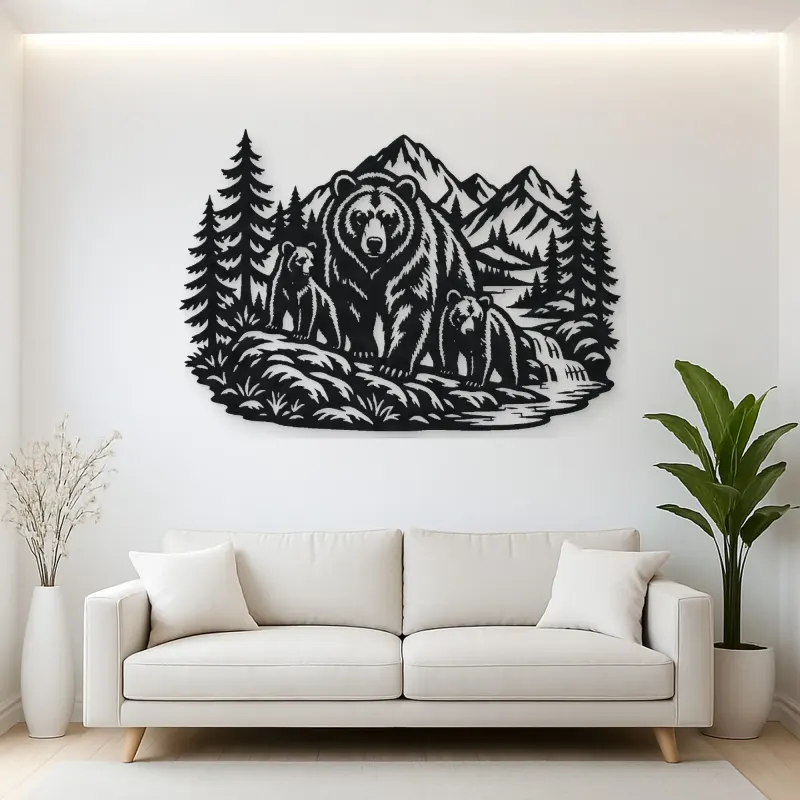 Bear Mountain Scene Metal Wall Art | Wildlife Silhouette Decor