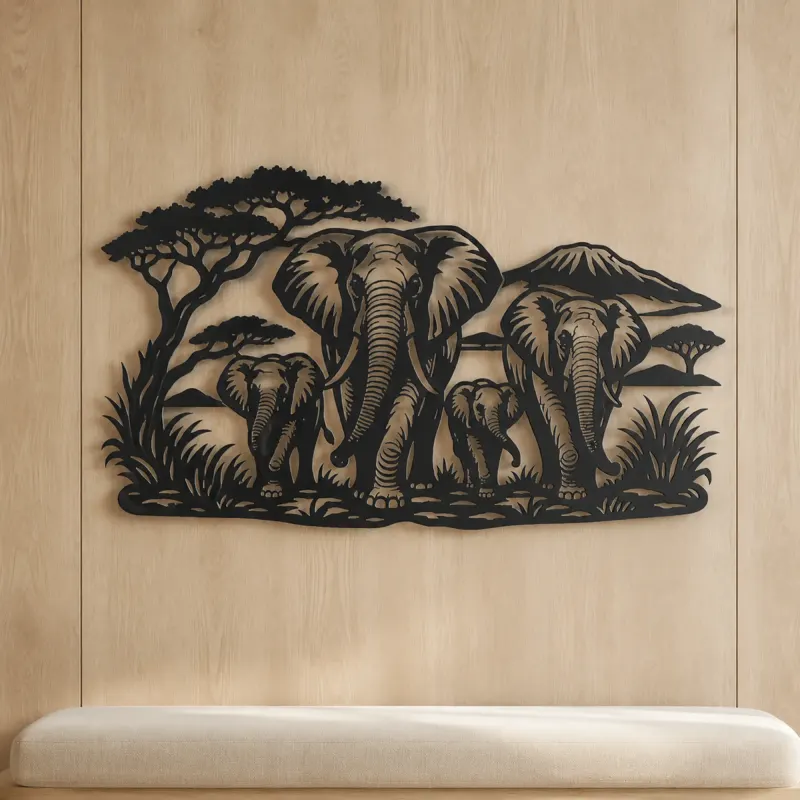 Elephant Family Walk Metal Wall Art | Wildlife Silhouette Decor - lifestyle view 5