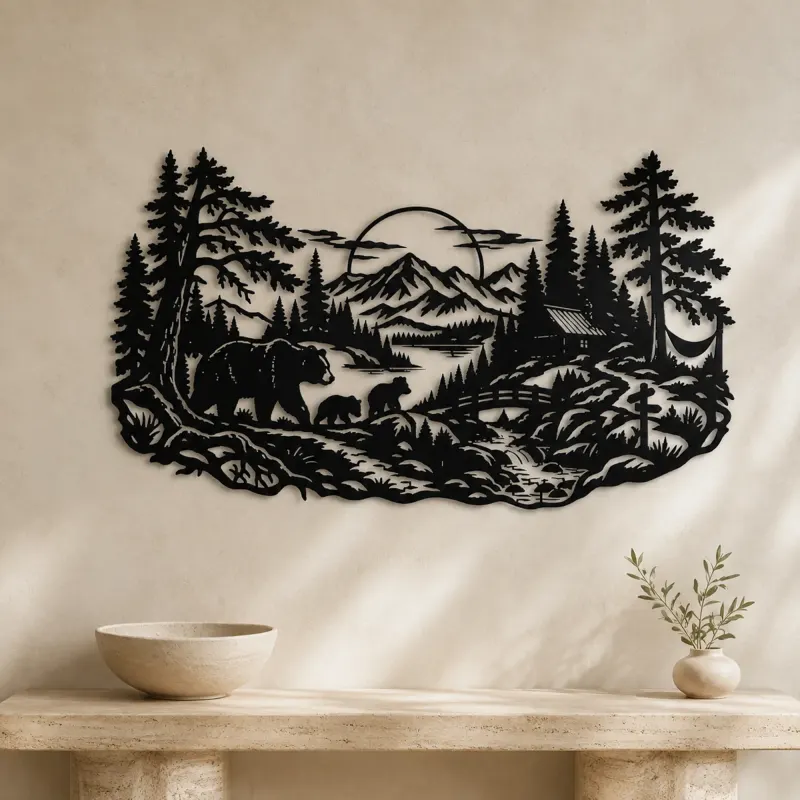 Bear Forest Trail Metal Wall Art | Wildlife Silhouette Decor - lifestyle view 3