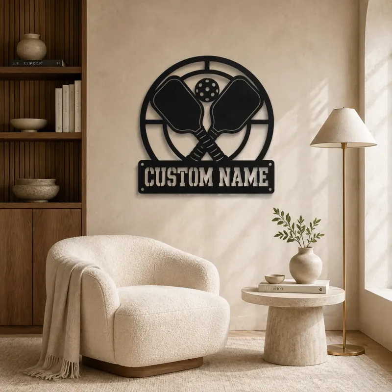 Personalized Pickleball Paddle Metal Wall Art with Court Lines - lifestyle view 5