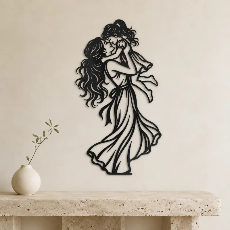 Single Mother Child Metal Wall Art | Family Silhouette Decor - lifestyle view 3