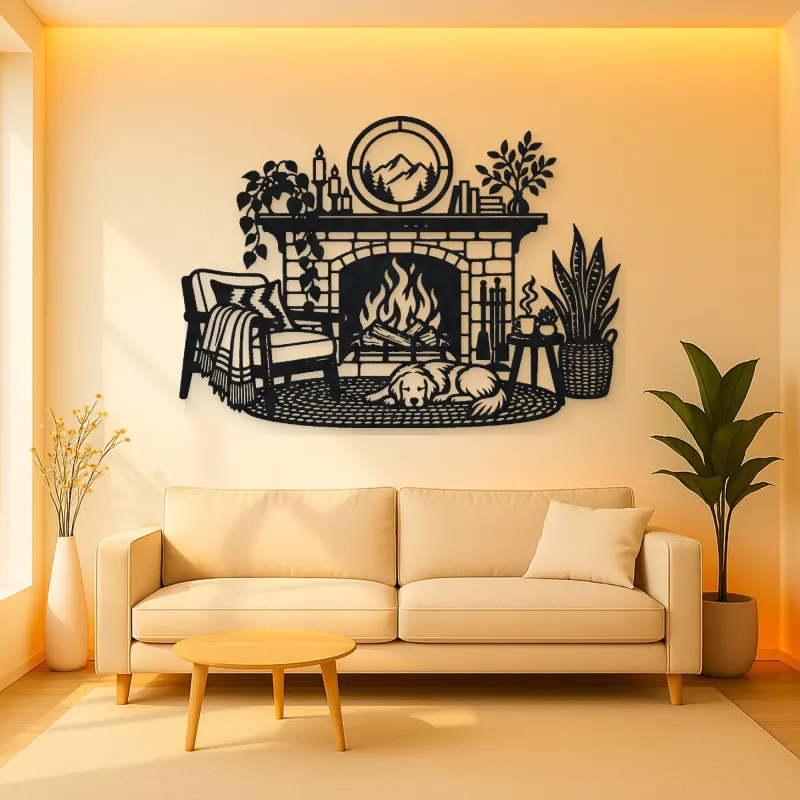 Modern Fireplace Scene Metal Wall Art | Cozy Home Metal Decor