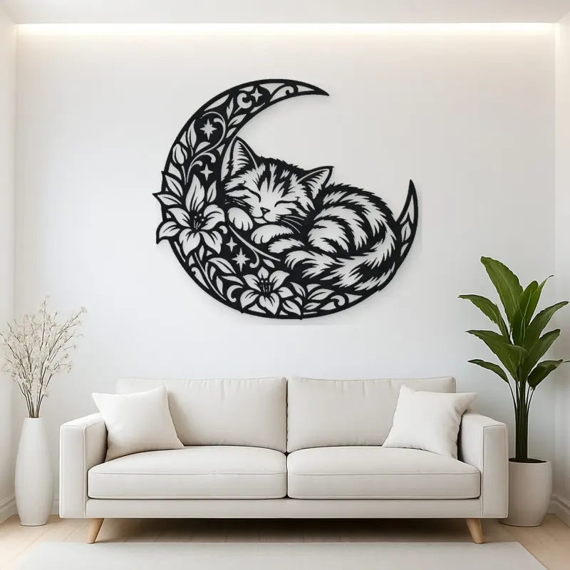 Sleeping Cat Crescent Metal Wall Art | Pet Lover Silhouette Decor
