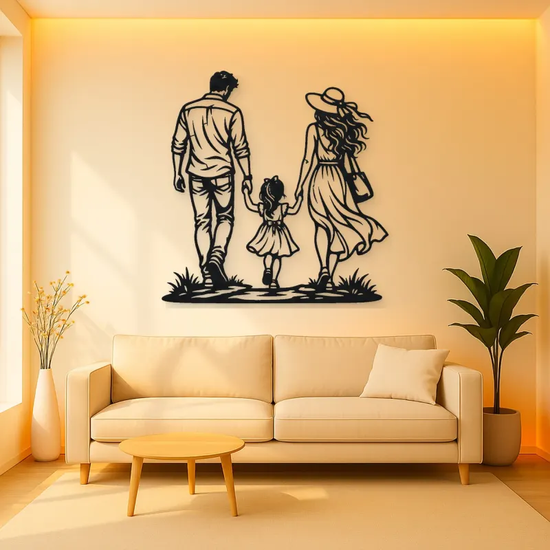 Family of Three Walk Metal Wall Art | Family Silhouette Decor