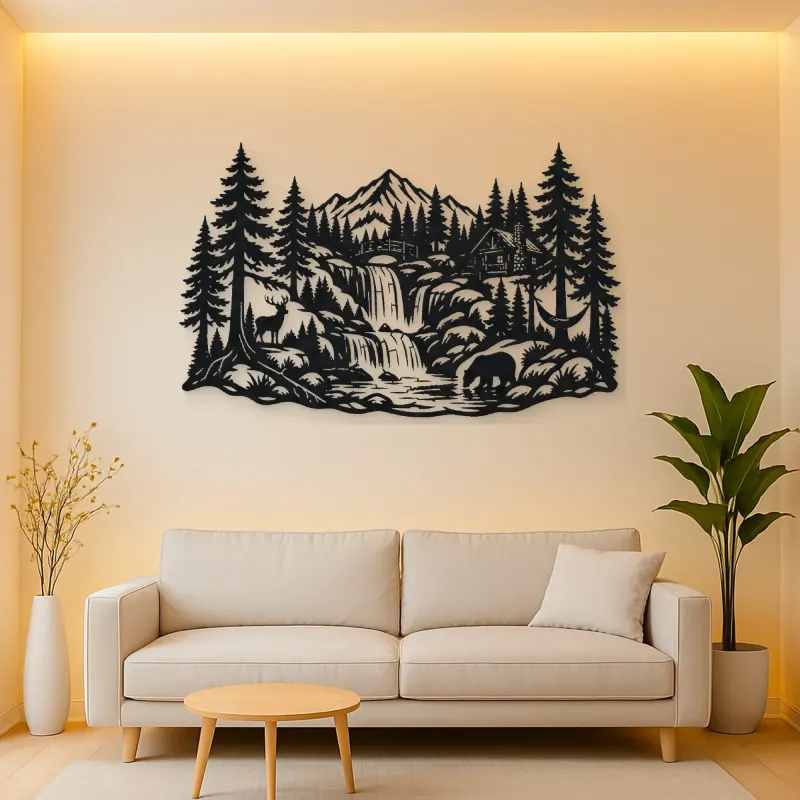 Forest Waterfall Metal Wall Art | Nature Silhouette Decor