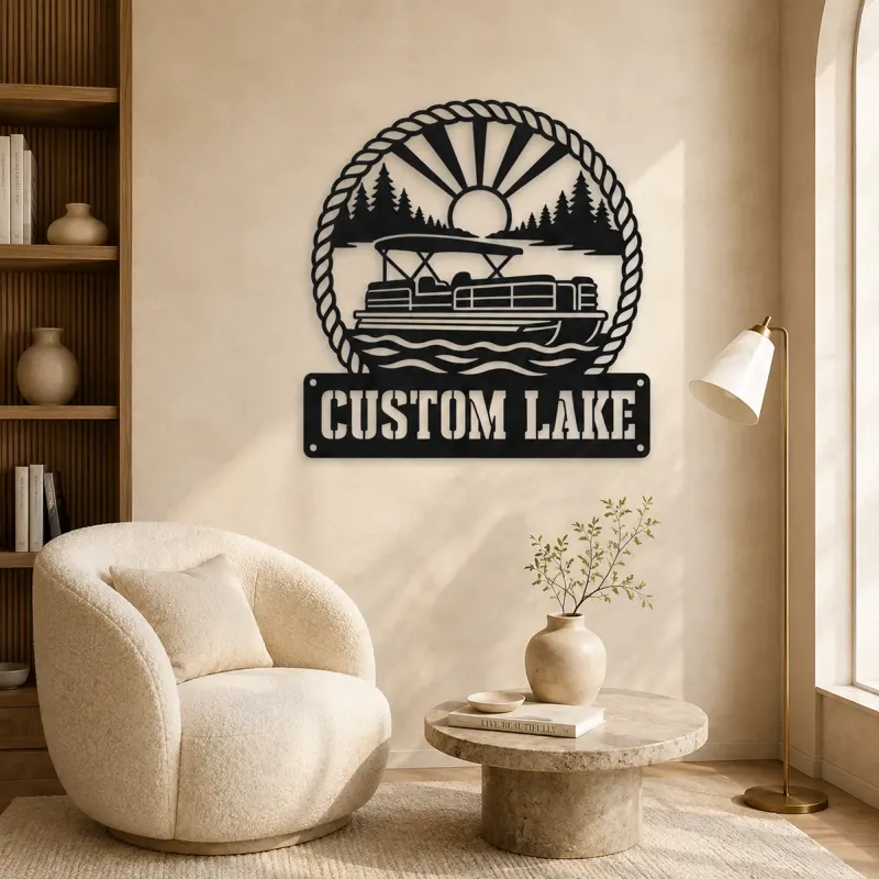 Personalized Pontoon Boat Metal Wall Art with Mountain Lake - lifestyle view 5