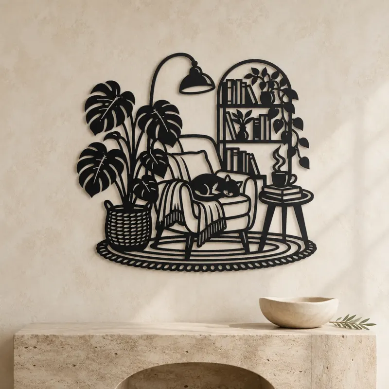 Books and Plant Metal Wall Art | Cozy Home Metal Decor - lifestyle view 3