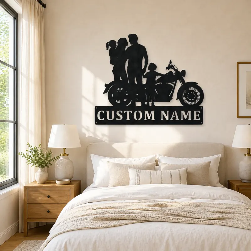 Personalized Classic Motorcycle Family with Toddler Metal Wall Art - lifestyle view 2