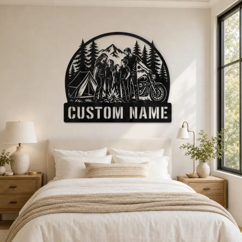Personalized Family of Five Camping Motorcycle Metal Wall Art - lifestyle view 2