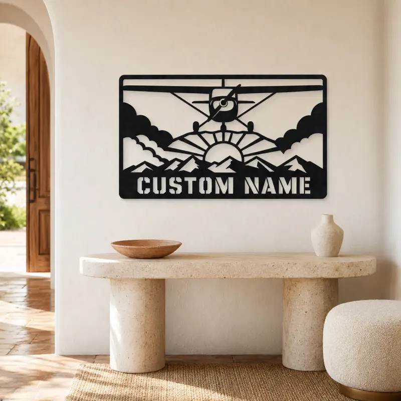 Personalized Propeller Airplane Metal Wall Art with Mountains - lifestyle view 3