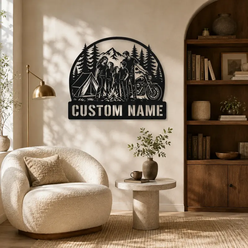 Personalized Family of Five Camping Motorcycle Metal Wall Art - lifestyle view 5