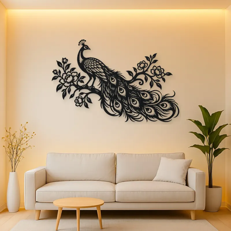 Peacock Feather Flow Metal Wall Art | Wildlife Silhouette Decor