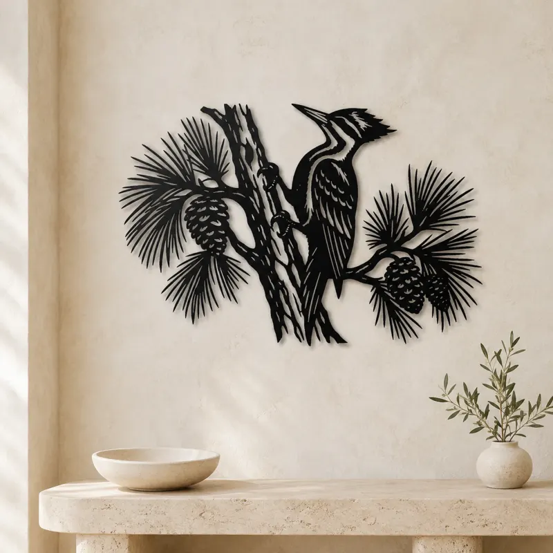 Woodpecker Pine Metal Wall Art | Wildlife Silhouette Decor - lifestyle view 3