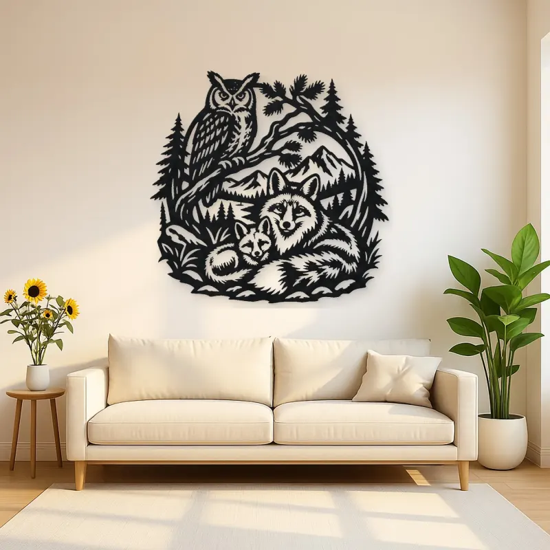 Owl and Fox Forest Metal Wall Art | Wildlife Silhouette Decor