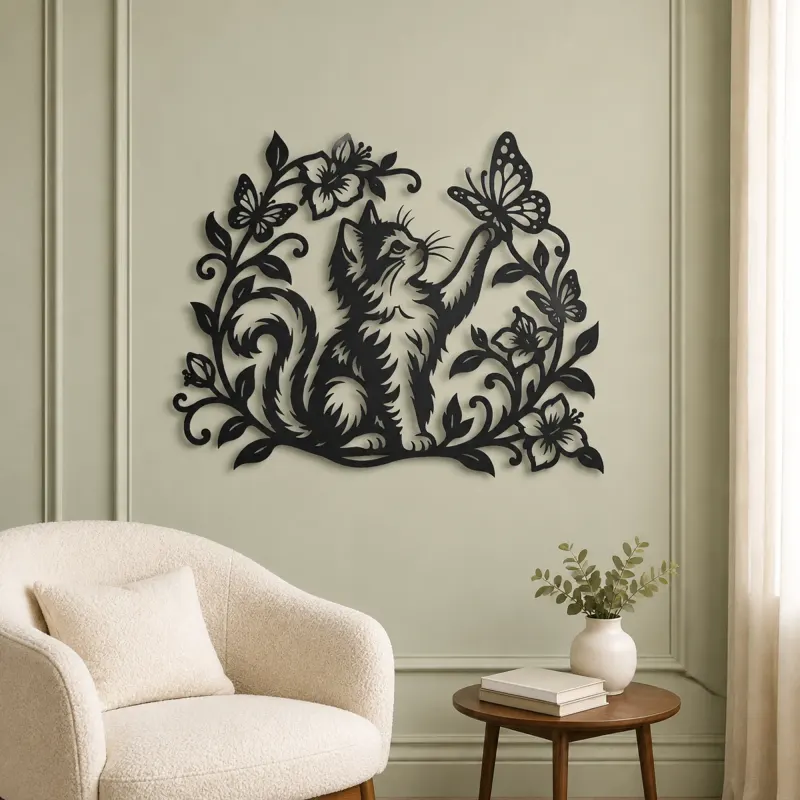 Cat and Butterfly Vine Metal Wall Art | Pet Lover Silhouette Decor - lifestyle view 2