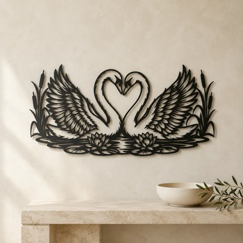 Swan Heart Pair Metal Wall Art | Wildlife Silhouette Decor - lifestyle view 3