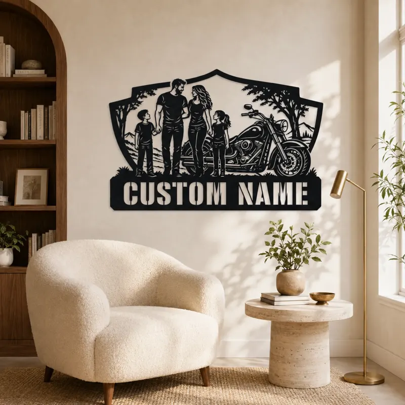Personalized Family of Four Cruiser Motorcycle Metal Wall Art - lifestyle view 5