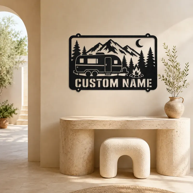 Personalized Camper Trailer Metal Wall Art with Mountain Camp - lifestyle view 3