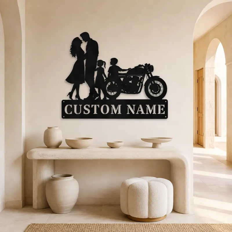 Personalized Classic Motorcycle Family of Four Metal Wall Art - lifestyle view 3