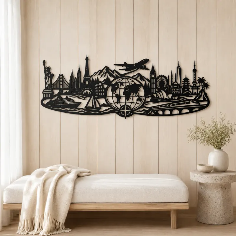 World Map Travel Line Metal Wall Art | Travel and City Wall Decor - lifestyle view 5