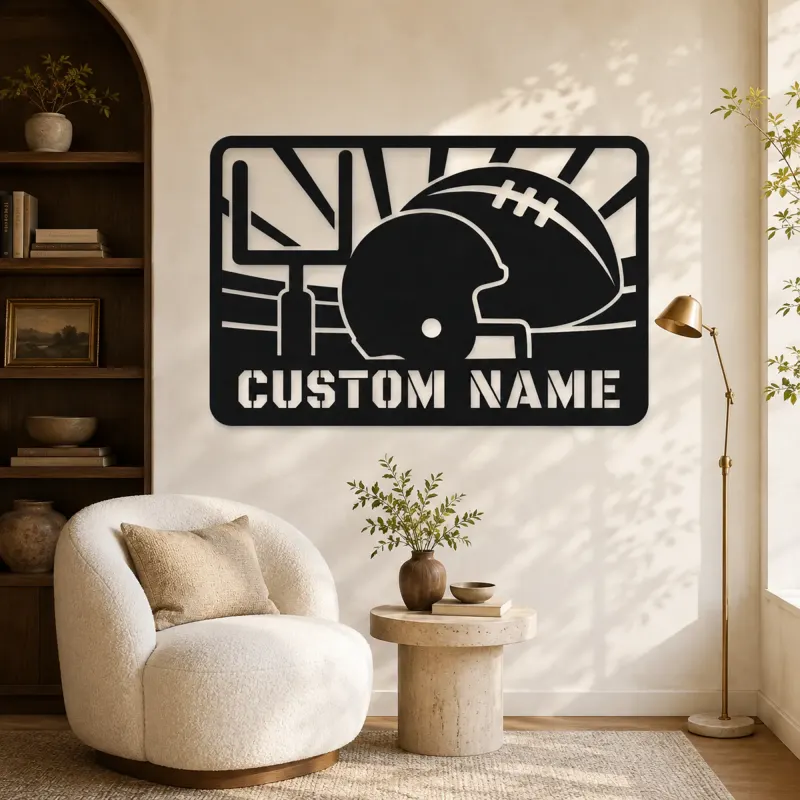 Personalized Football Helmet Metal Wall Art with Goalposts - lifestyle view 5