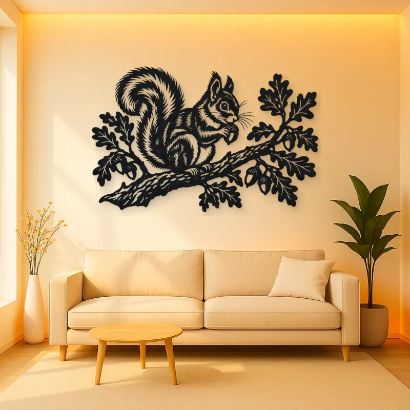 Squirrel Oak Branch Metal Wall Art | Wildlife Silhouette Decor