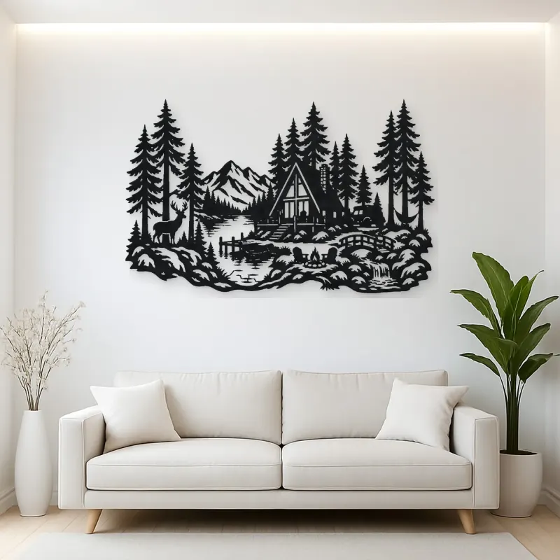 A-Frame Cabin Woods Metal Wall Art | Nature Silhouette Decor