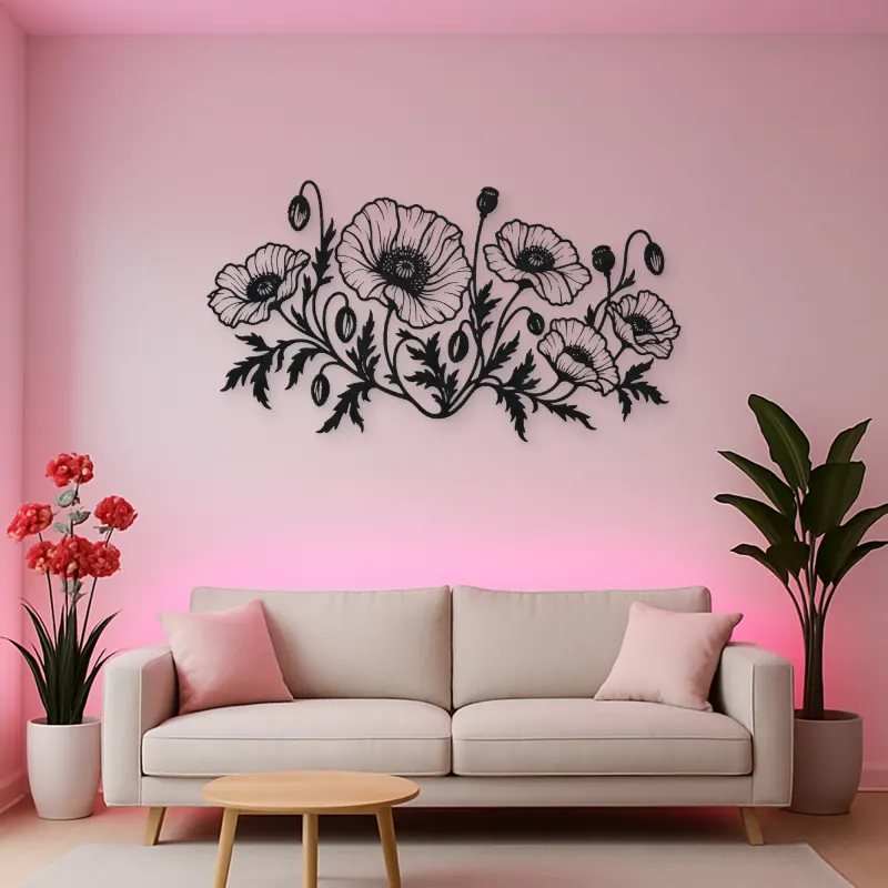 Poppy Field Line Metal Wall Art | Botanical Metal Wall Decor