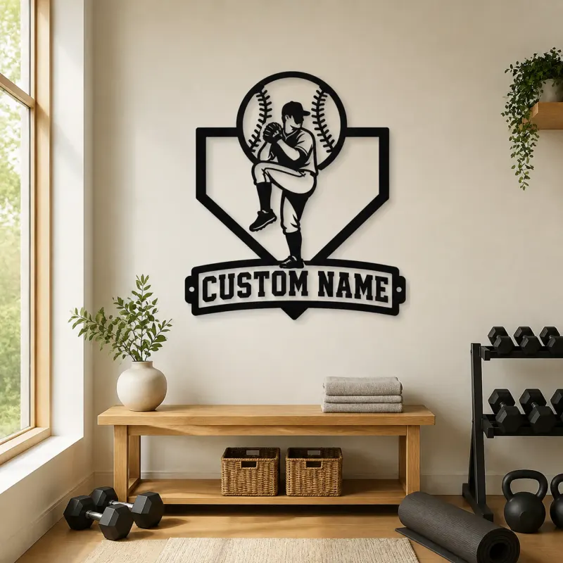 Personalized Baseball Pitcher Windup Metal Wall Art - lifestyle view 4