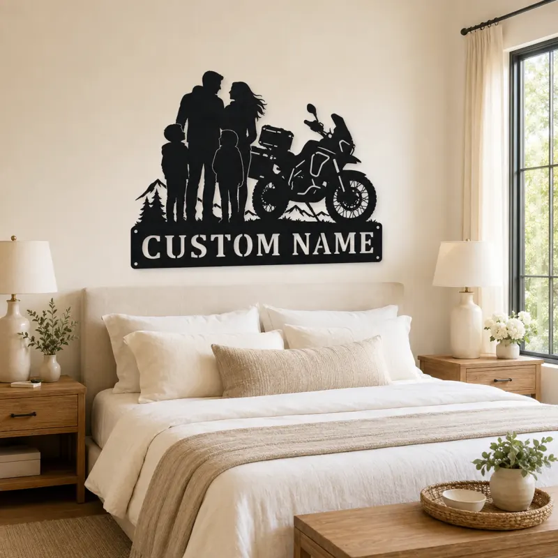 Personalized Adventure Motorcycle Mountain Family Metal Wall Art - lifestyle view 2