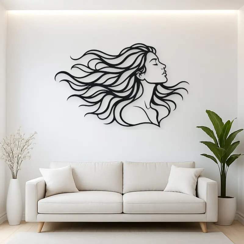Windblown Hair Face Metal Wall Art | Minimalist Woman Line Art