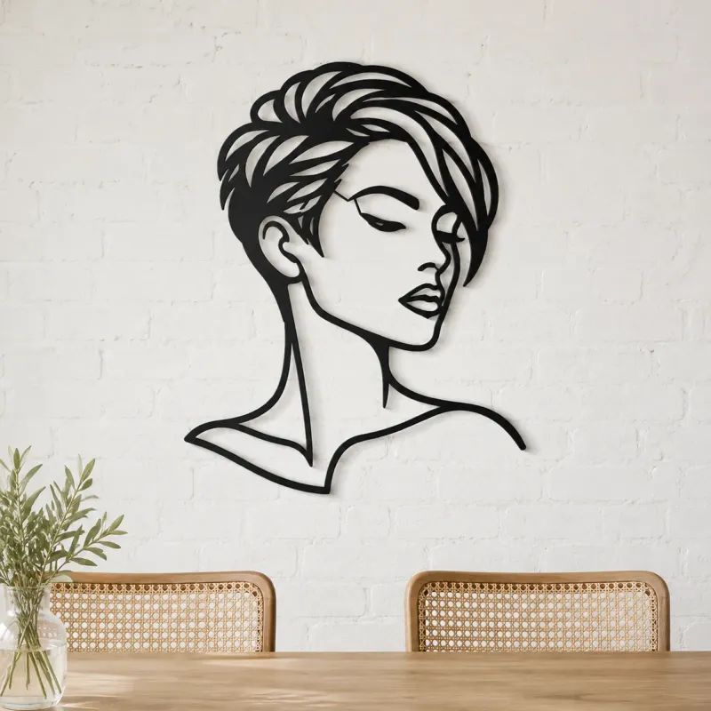 Short Hair Modern Face Metal Wall Art | Minimalist Woman Line Art - lifestyle view 4