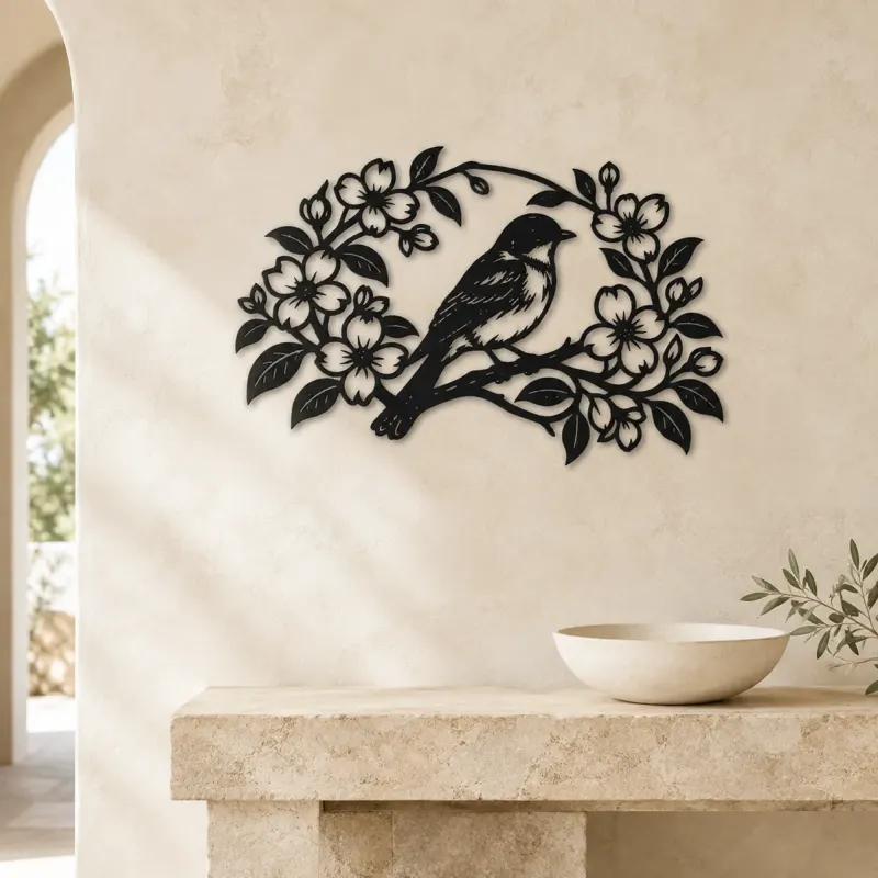 Bluebird Floral Arch Metal Wall Art | Wildlife Silhouette Decor - lifestyle view 3