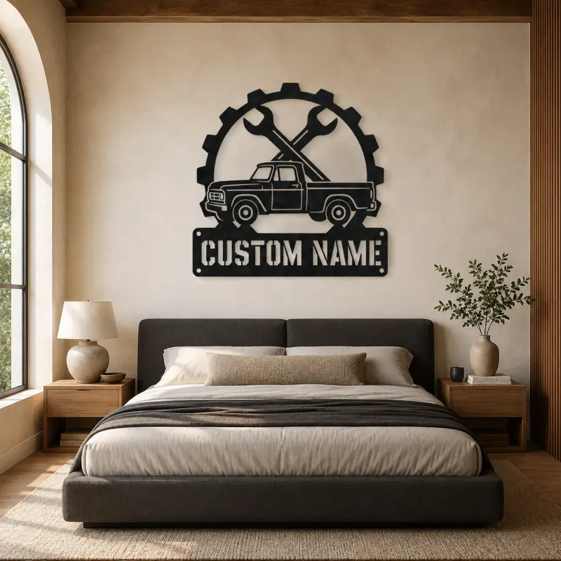Personalized Vintage Pickup Truck Metal Wall Art with Wrench Detail - lifestyle view 5