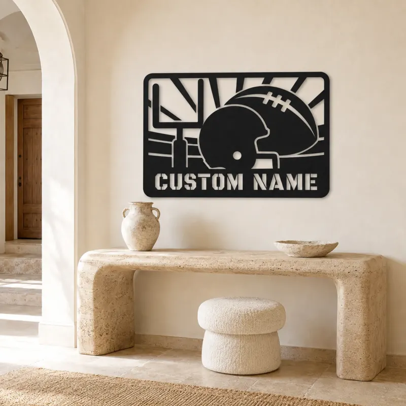 Personalized Football Helmet Metal Wall Art with Goalposts - lifestyle view 3