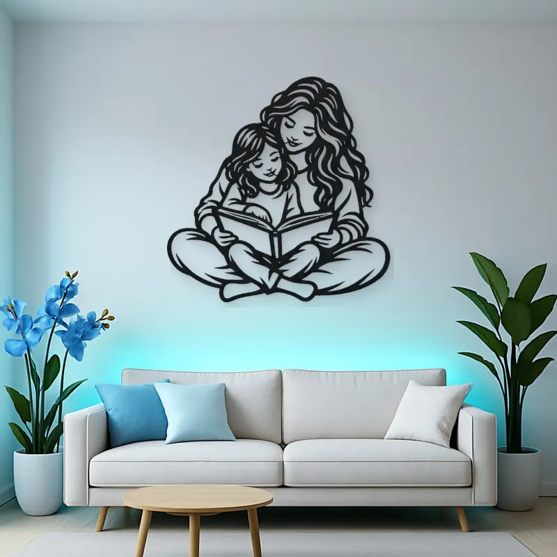 Parent Child Reading Metal Wall Art | Family Silhouette Decor