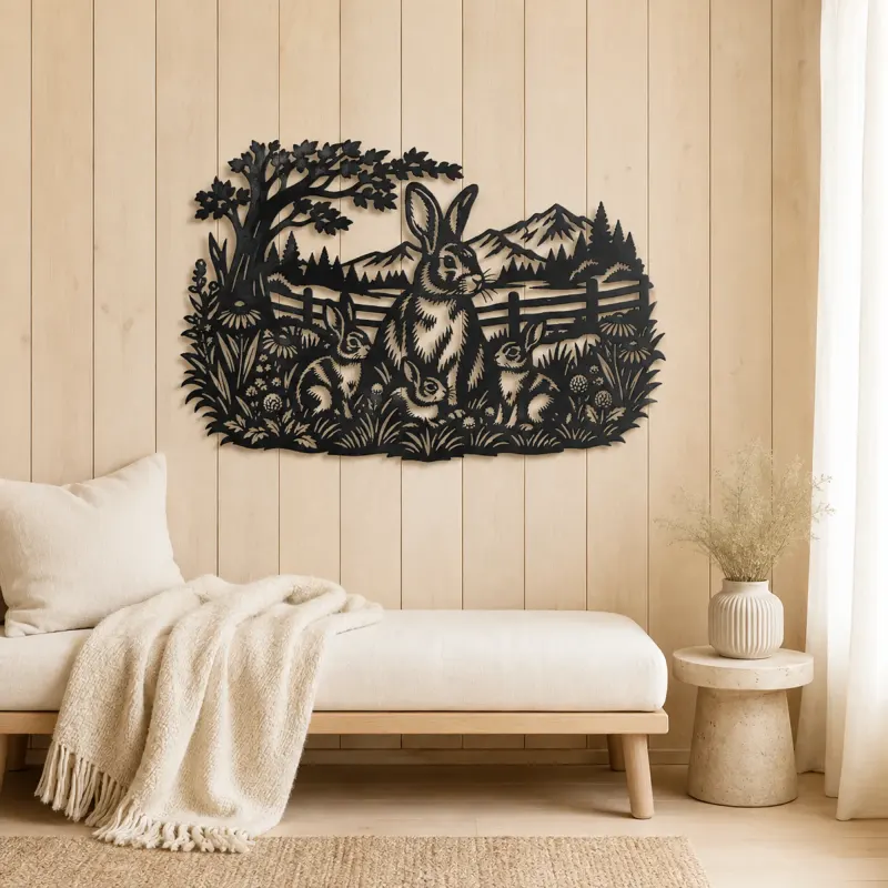 Rabbit Meadow Metal Wall Art | Wildlife Silhouette Decor - lifestyle view 5