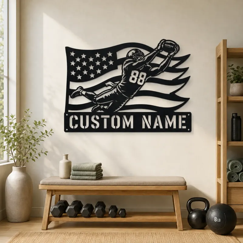 Personalized Number 88 Diving Receiver American Flag Metal Wall Art - lifestyle view 4