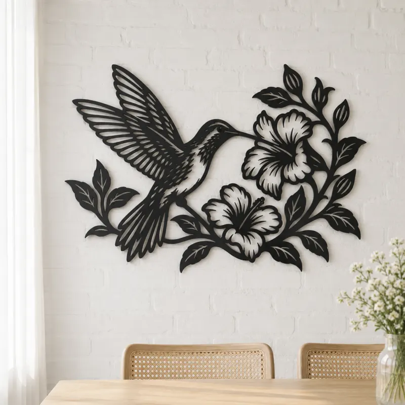 Hummingbird Blossom Metal Wall Art | Wildlife Silhouette Decor - lifestyle view 4