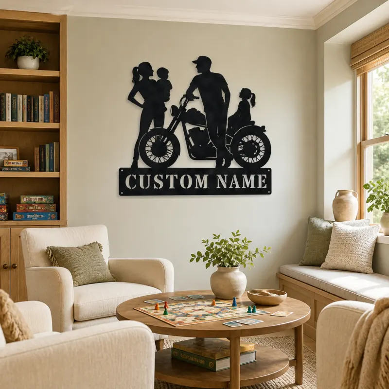 Personalized Motorcycle Family with Seated Daughter Metal Wall Art - lifestyle view 4