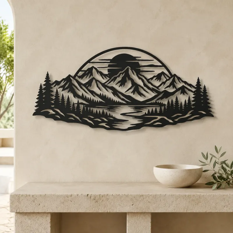 Mountain Sunset Arc Metal Wall Art | Nature Silhouette Decor - lifestyle view 3