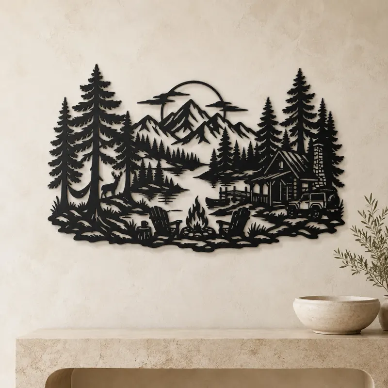 Campfire in the Pines Metal Wall Art | Nature Silhouette Decor - lifestyle view 3