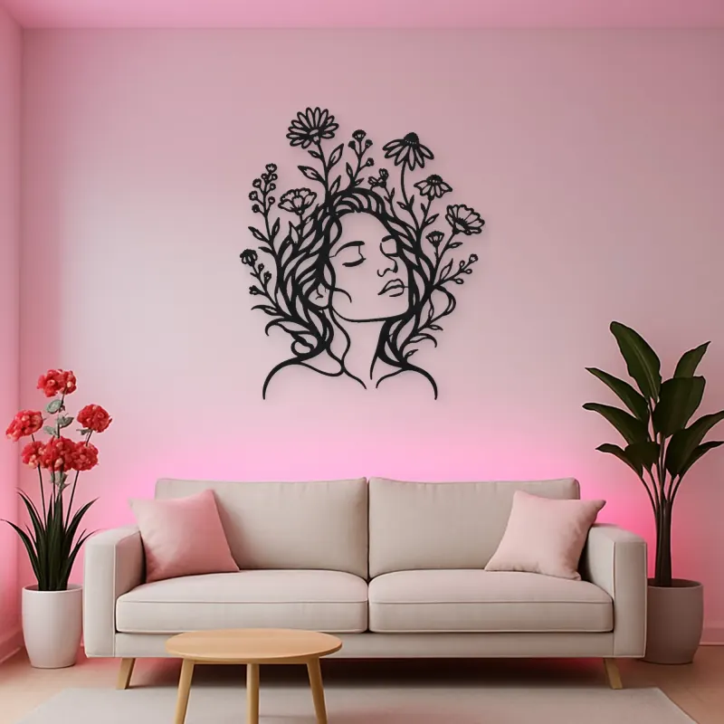 Wildflower Face Metal Wall Art | Minimalist Woman Line Art