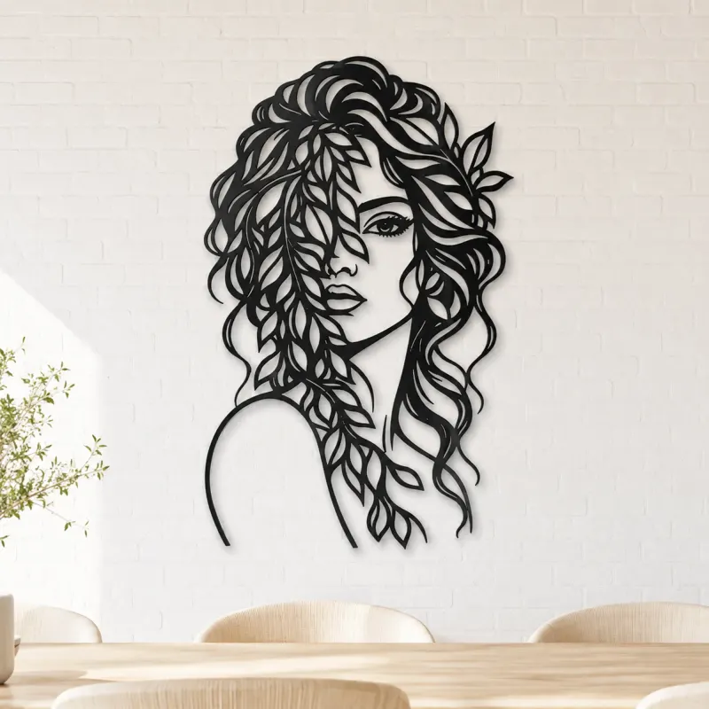 Leaf Veil Face Metal Wall Art | Minimalist Woman Line Art - lifestyle view 4