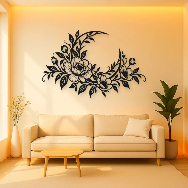 Floral Moon Arc Metal Wall Art | Botanical Metal Wall Decor