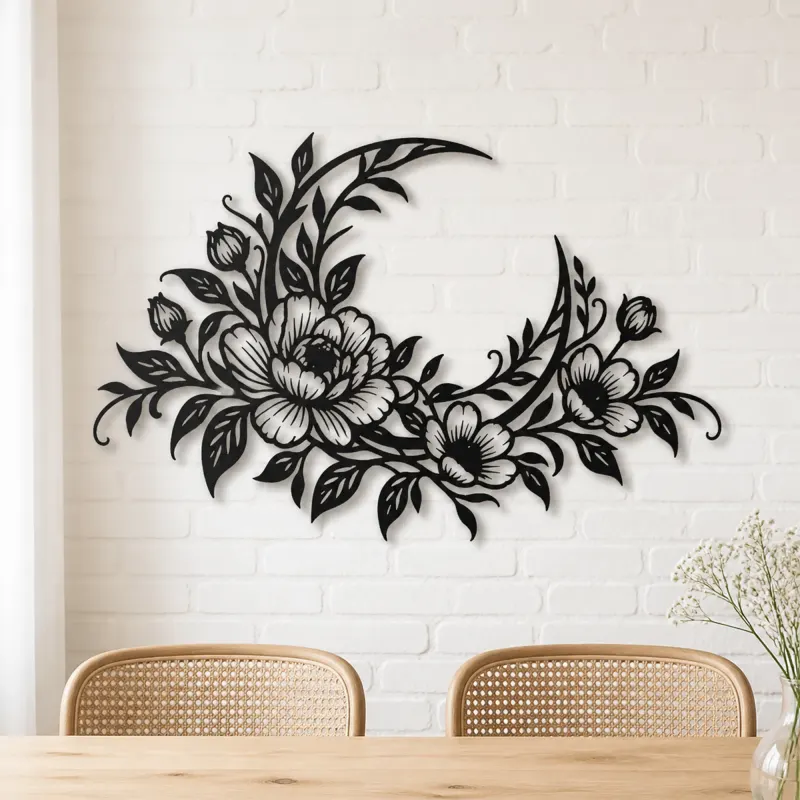 Floral Moon Arc Metal Wall Art | Botanical Metal Wall Decor - lifestyle view 4